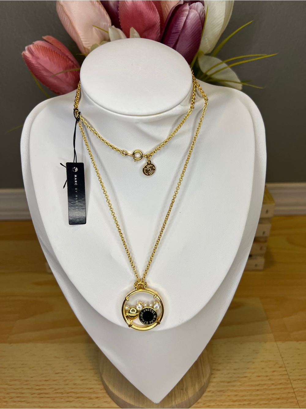 Marc by Marc Jacobs Black/Gold Disc Charm Long Necklace